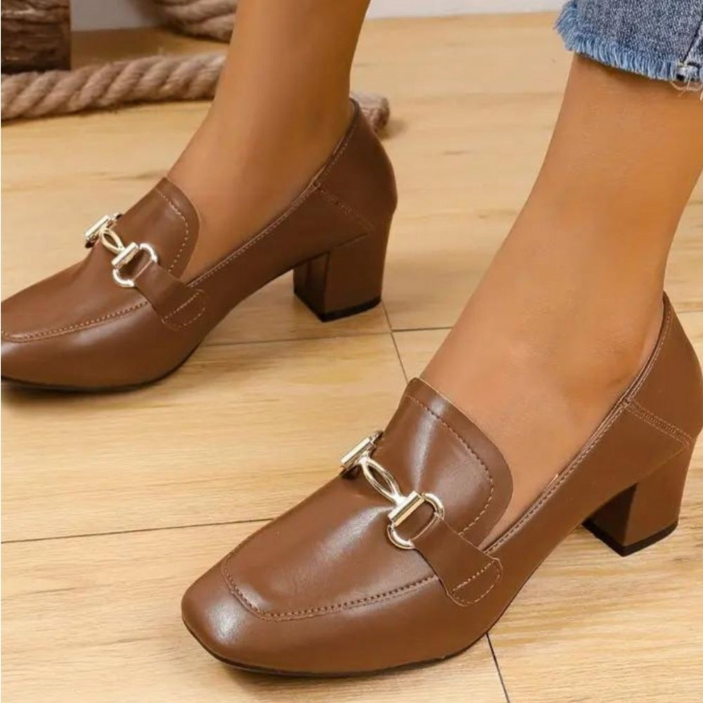 Women's Vintage Leather Loafers with Heels and Chains