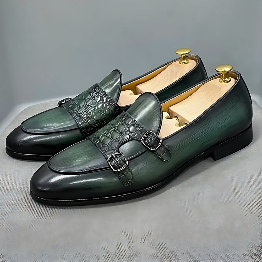 Men's Green Pointed Crocodile Effect Leather Loafers
