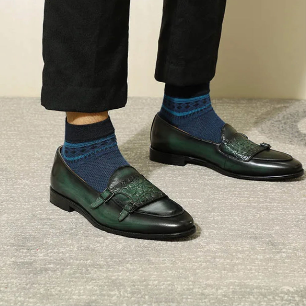Men's Green Pointed Crocodile Effect Leather Loafers