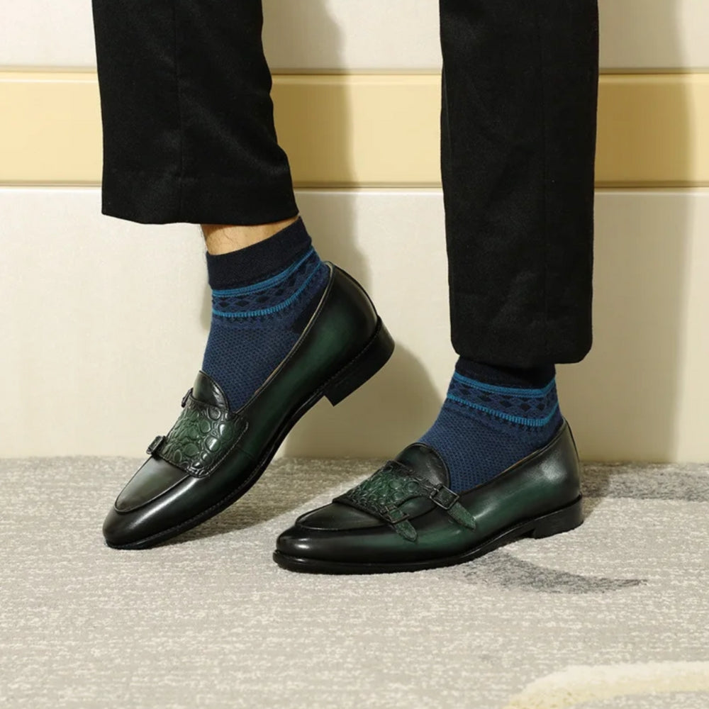 Men's Green Pointed Crocodile Effect Leather Loafers