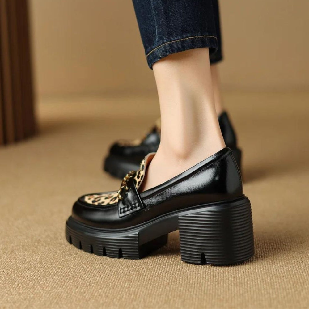 British Style Loafers with Leopard Print and Golden Buckles