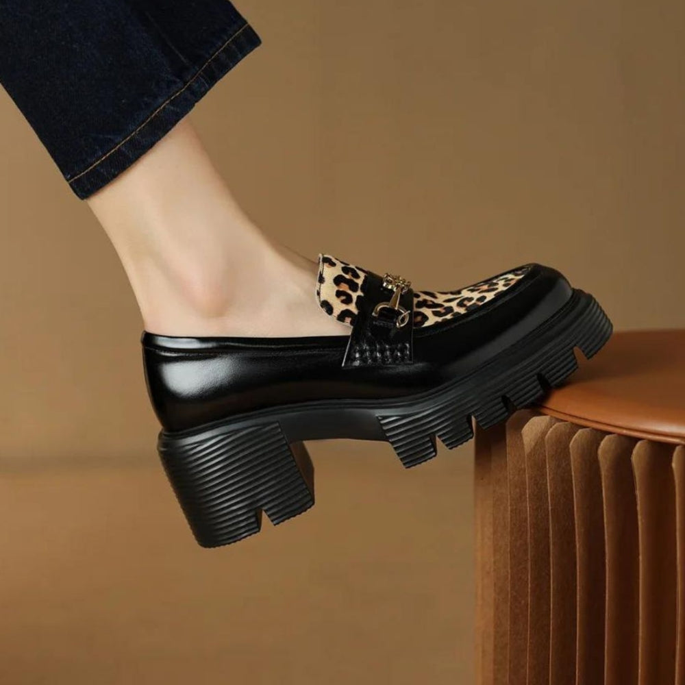British Style Loafers with Leopard Print and Golden Buckles