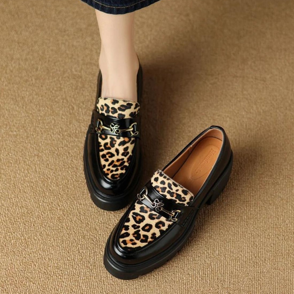 British Style Loafers with Leopard Print and Golden Buckles