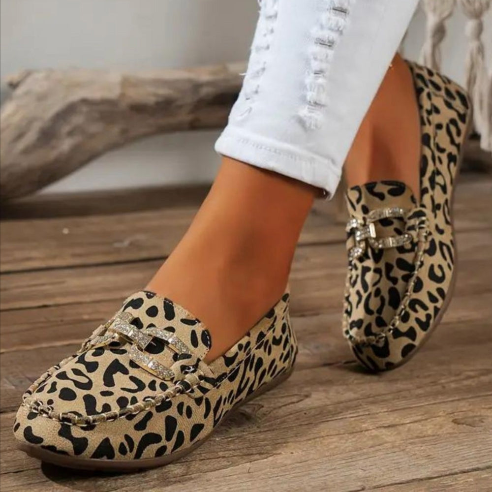 Soft Leopard Print Loafers with Rhinestone Rings