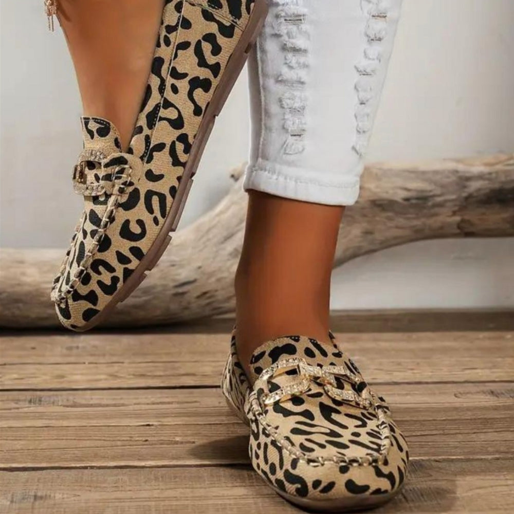 Soft Leopard Print Loafers with Rhinestone Rings