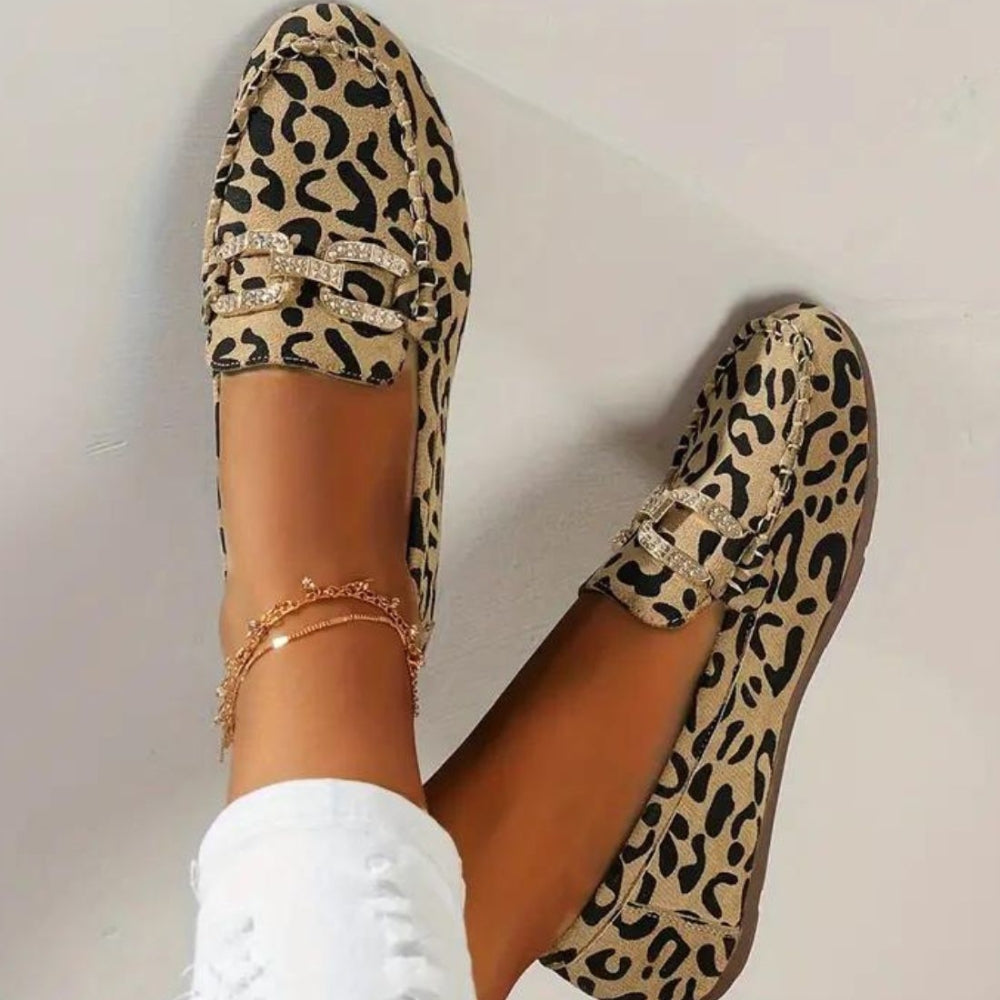 Soft Leopard Print Loafers with Rhinestone Rings