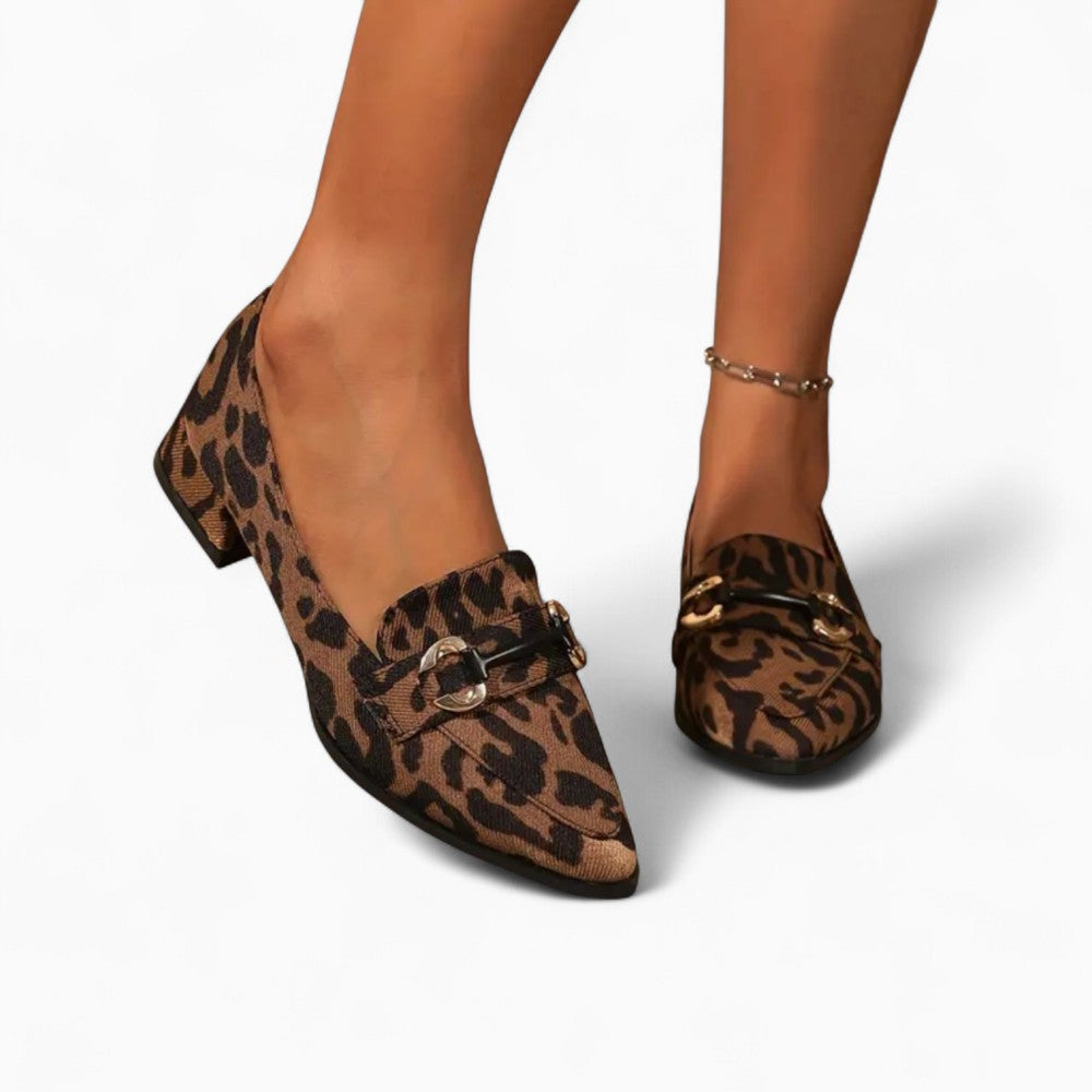 Low Heel Loafers with Leopard Print and Gold Chains