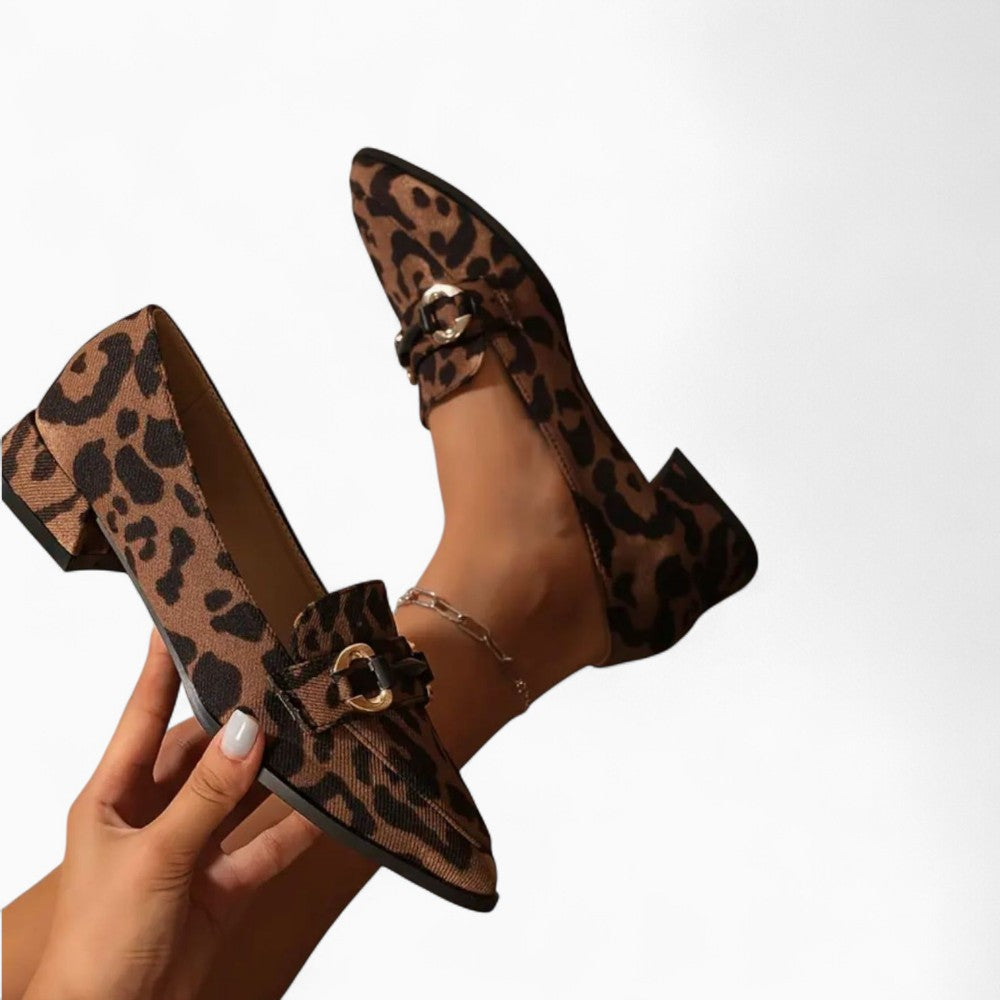 Low Heel Loafers with Leopard Print and Gold Chains