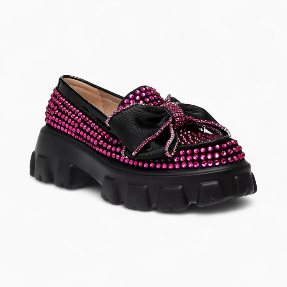 Women's Platform Loafers with Butterfly & Pink Rhinestones