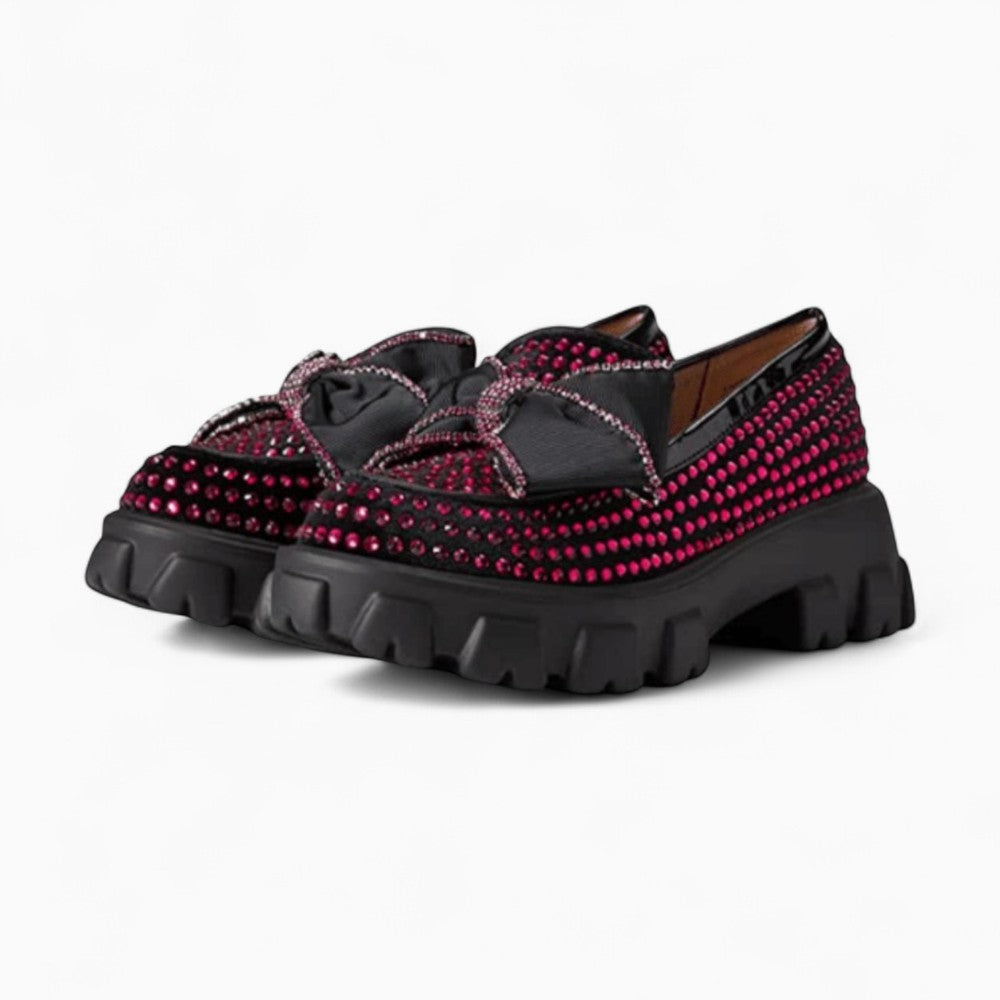 Women's Platform Loafers with Butterfly & Pink Rhinestones