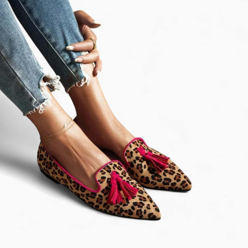 Women's Flat Loafers with Tassels and Leopard Print