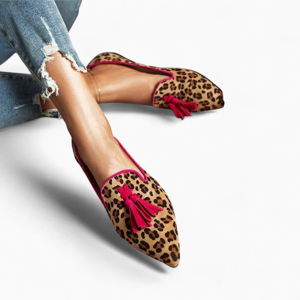 Women's Flat Loafers with Tassels and Leopard Print