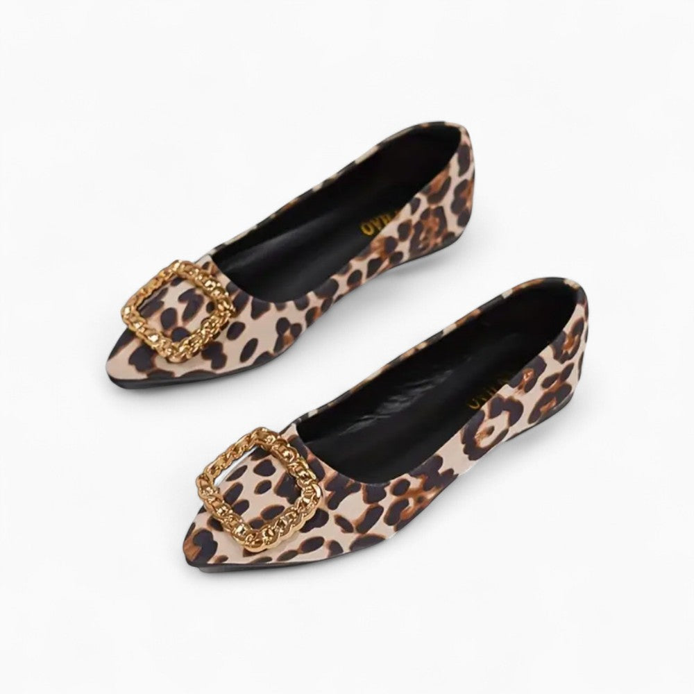 Women's Flat Loafers with Leopard Print and Gold Buckle