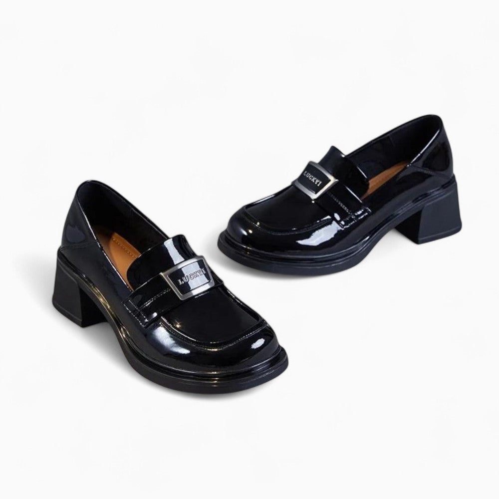 Women’s Black Square Heel Genuine Leather Loafers