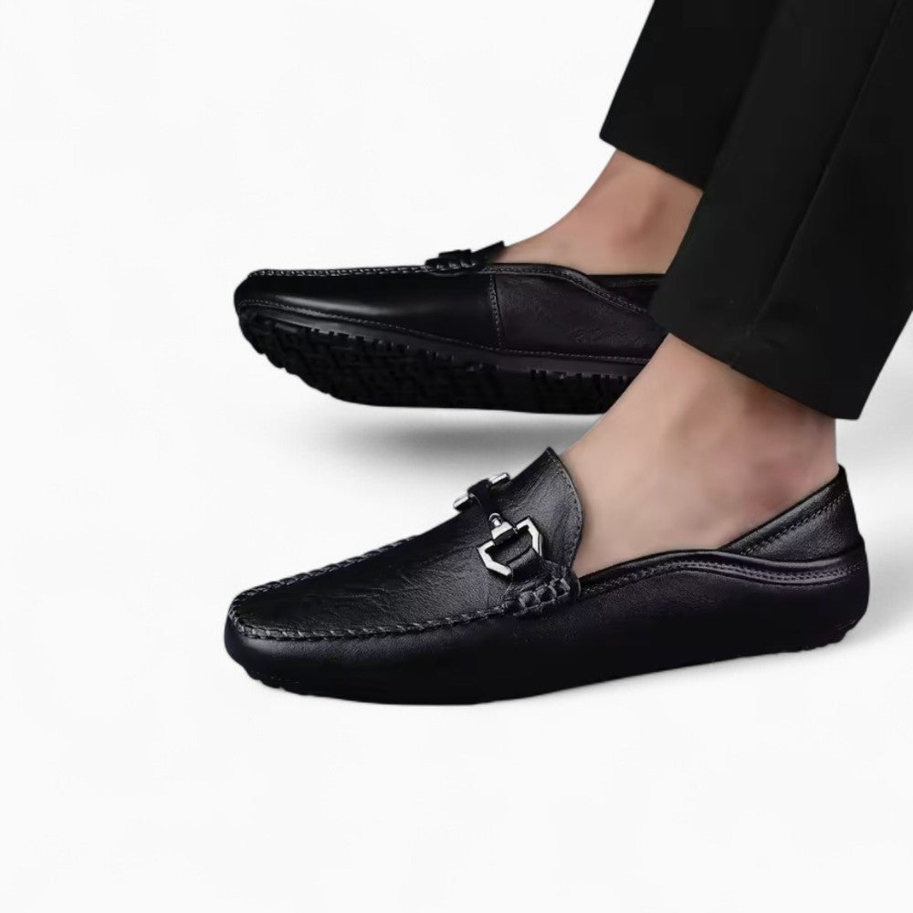 Men’s Black Synthetic Leather Loafers with Metal Bit
