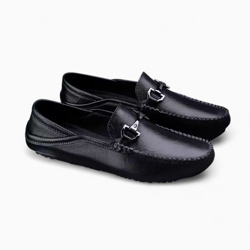 Men’s Black Synthetic Leather Loafers with Metal Bit