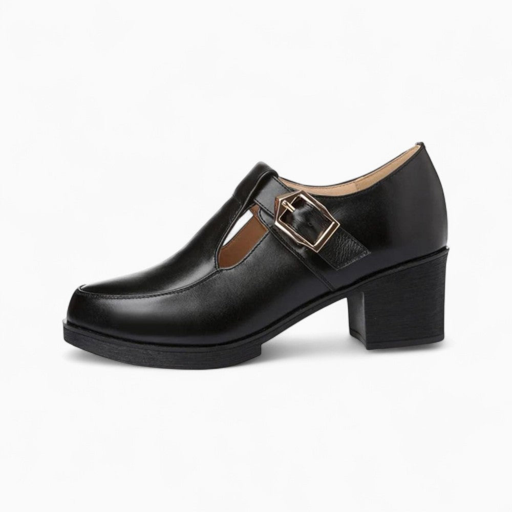 Women’s Black Leather Loafers with Metal Buckle and Square Heel