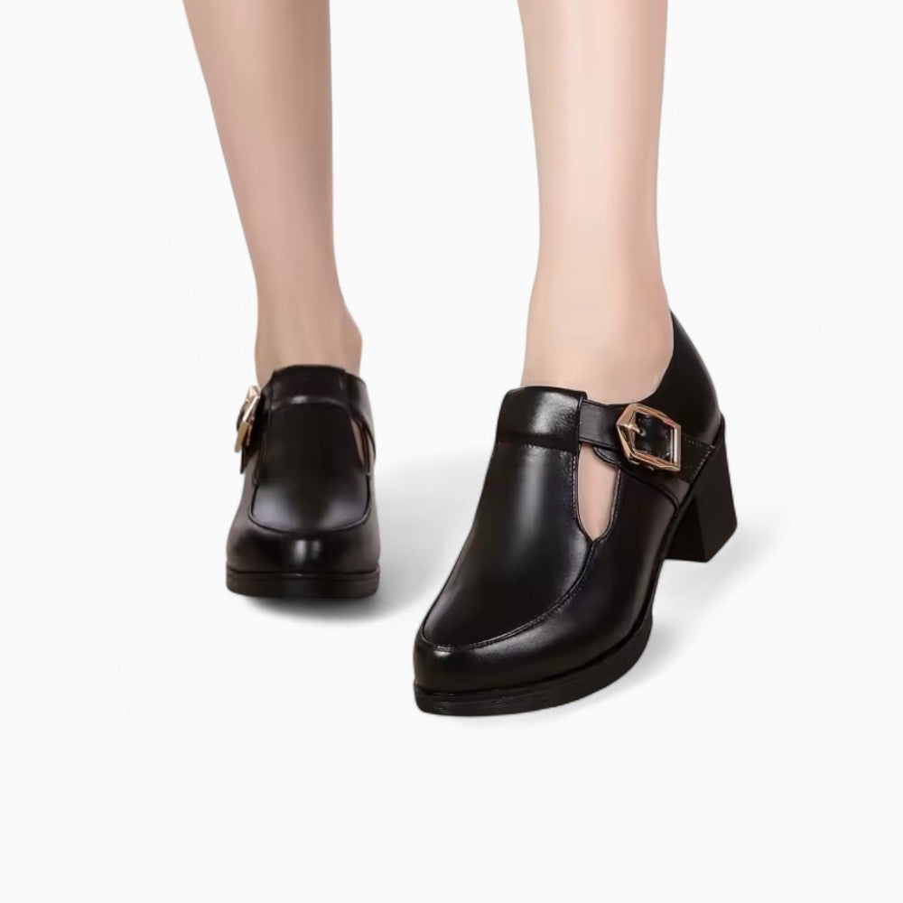 Women’s Black Leather Loafers with Metal Buckle and Square Heel