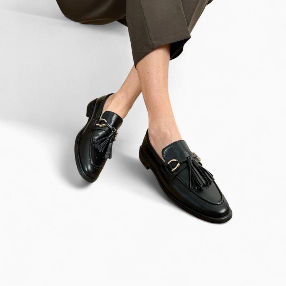 Black Slip‑On Loafers with Tassels for Women
