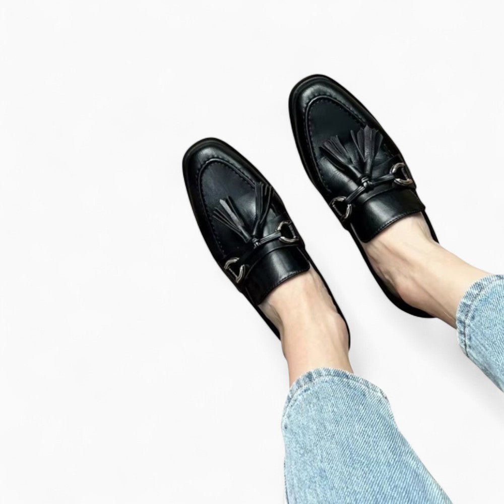 Black Slip‑On Loafers with Tassels for Women