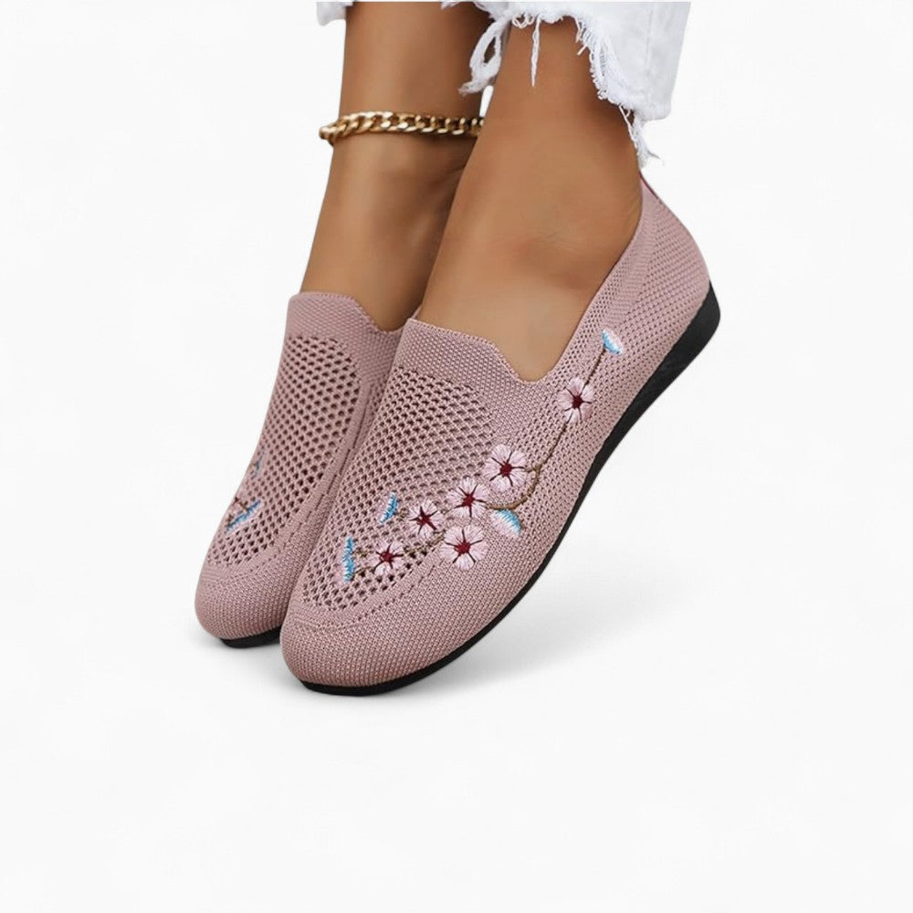 Breathable Knitted Mesh Loafers with Floral Embroidery