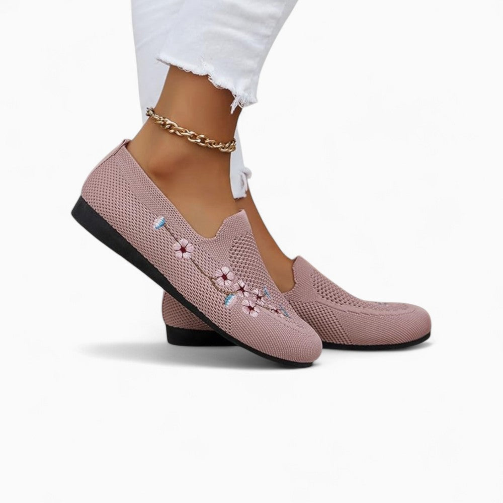 Breathable Knitted Mesh Loafers with Floral Embroidery