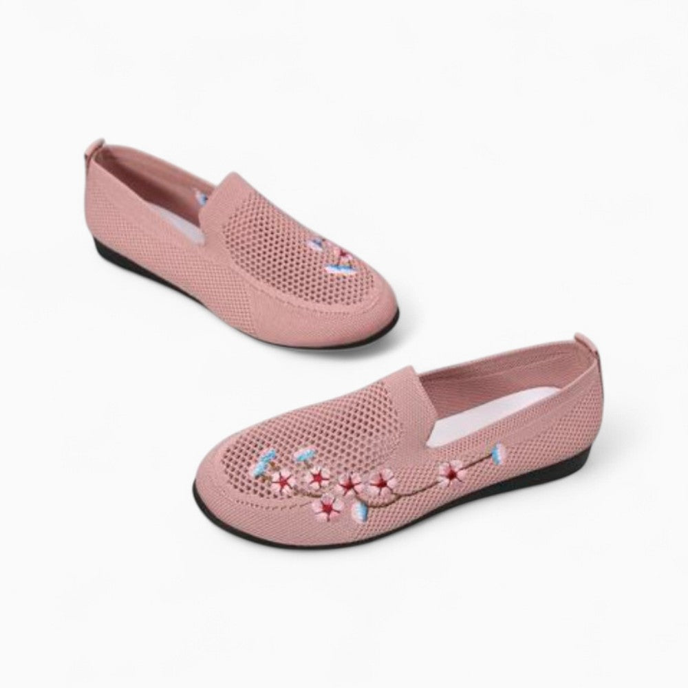 Breathable Knitted Mesh Loafers with Floral Embroidery