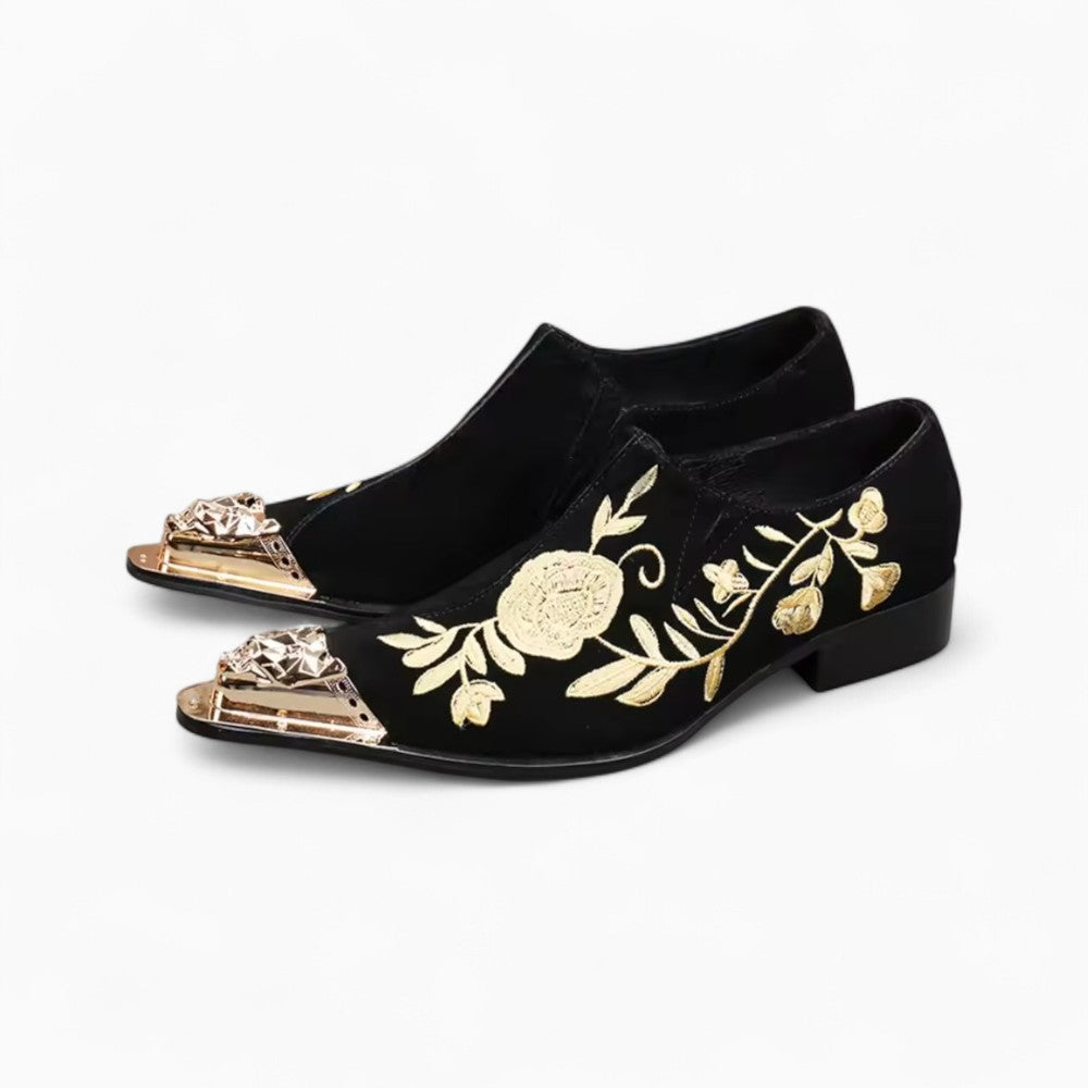 Black Velvet Loafers with Golden Floral Embroidery