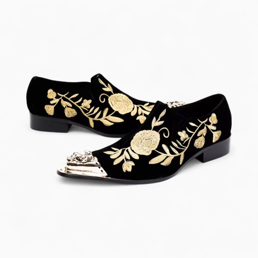 Black Velvet Loafers with Golden Floral Embroidery