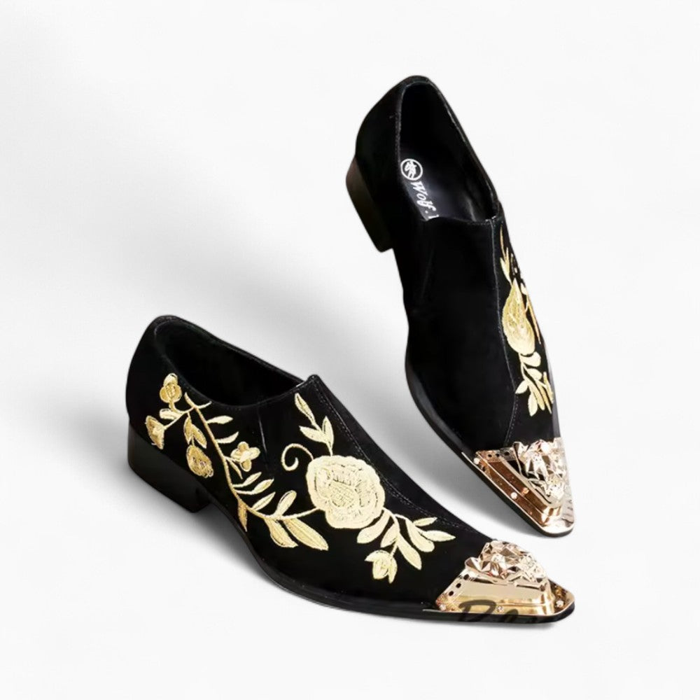 Black Velvet Loafers with Golden Floral Embroidery