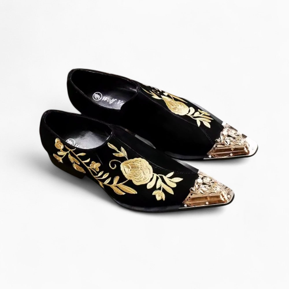 Black Velvet Loafers with Golden Floral Embroidery