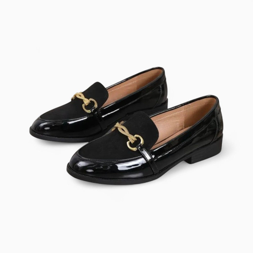 Black Patent Leather and Velvet Dressy Loafers with Gold Bit