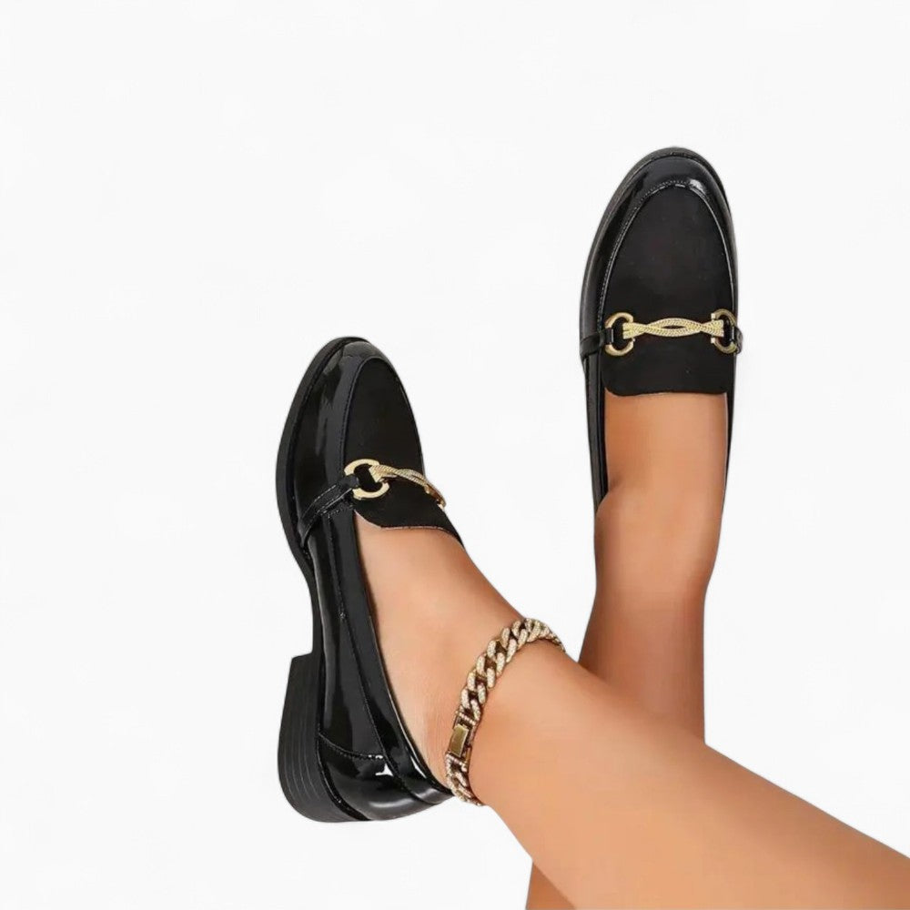 Black Patent Leather and Velvet Dressy Loafers with Gold Bit