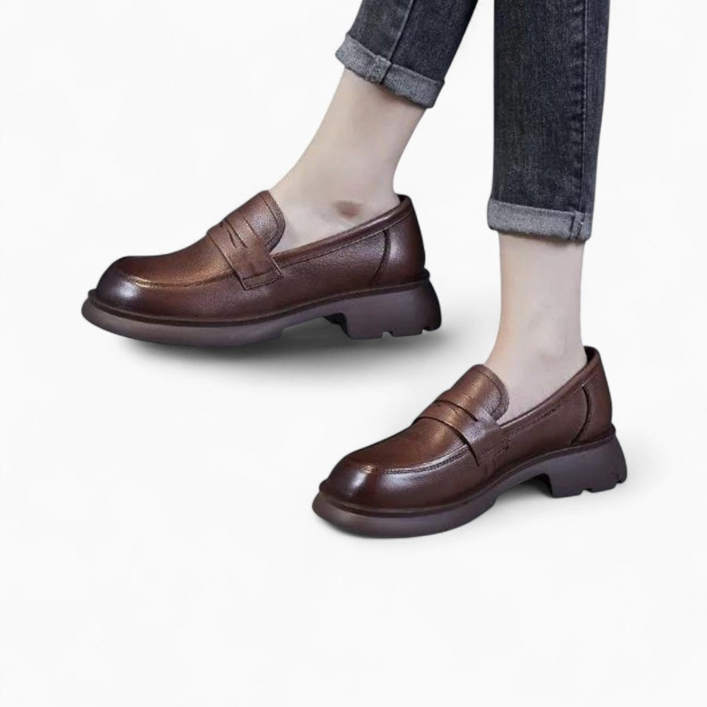 Women's Leather Loafers with Heel and Thick Sole