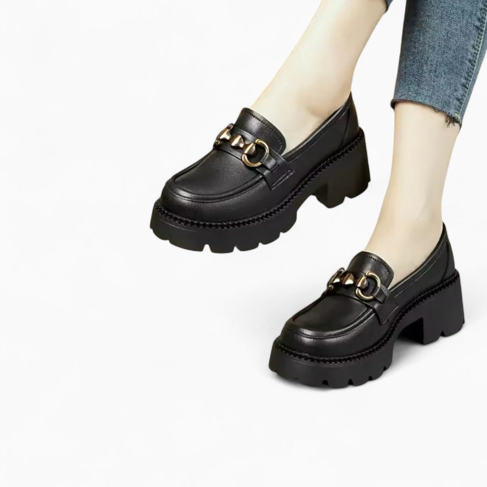 Leather Loafers with Heels and Bit Detail