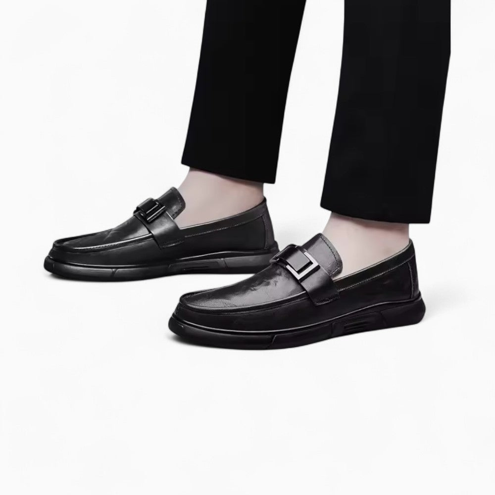 Black Leather Loafers with Thick Sole and Buckle