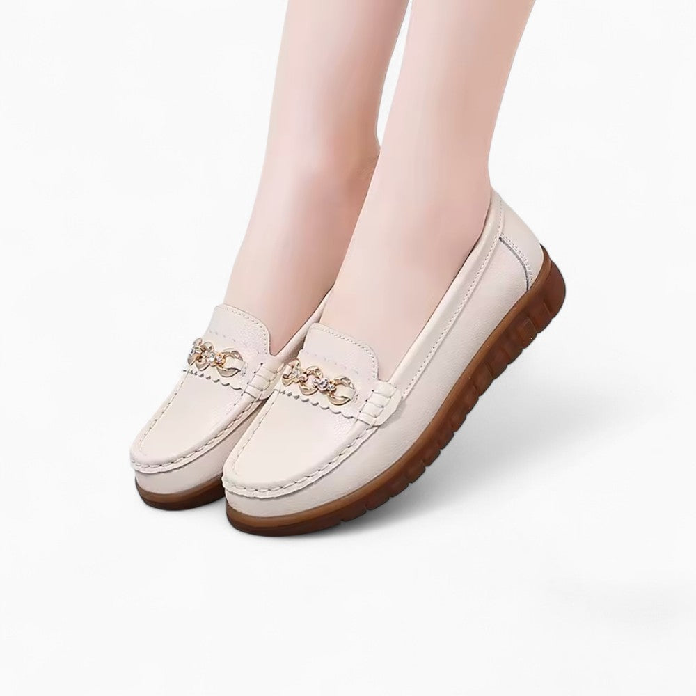 Leather Loafers Enhanced with Golden Details for Women