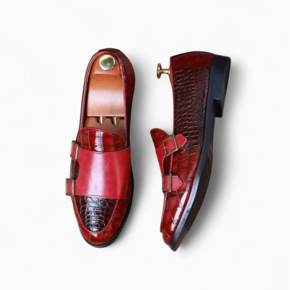 Red Patent Leather Loafers with Crocodile-Grain Texture