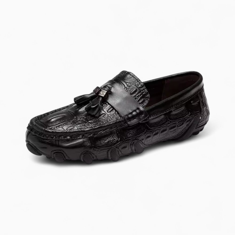 Black Patent Leather Loafers with Crocodile-Embossed Effect