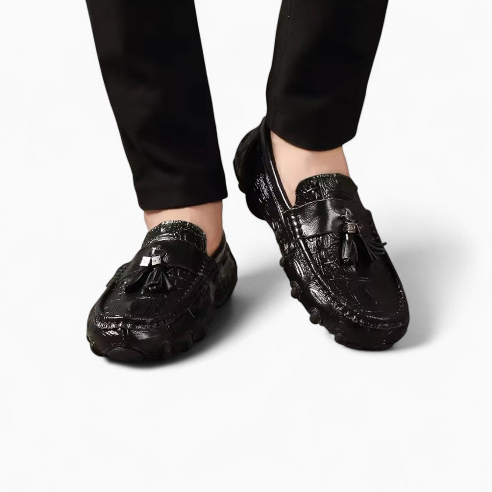 Black Patent Leather Loafers with Crocodile-Embossed Effect