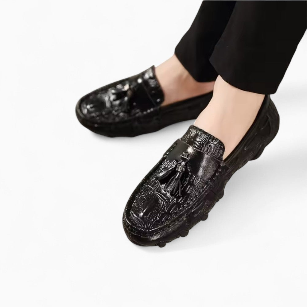 Black Patent Leather Loafers with Crocodile-Embossed Effect