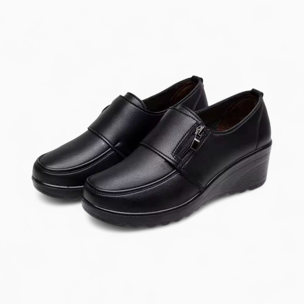 Women's Comfortable Black Leather Wedge Loafers
