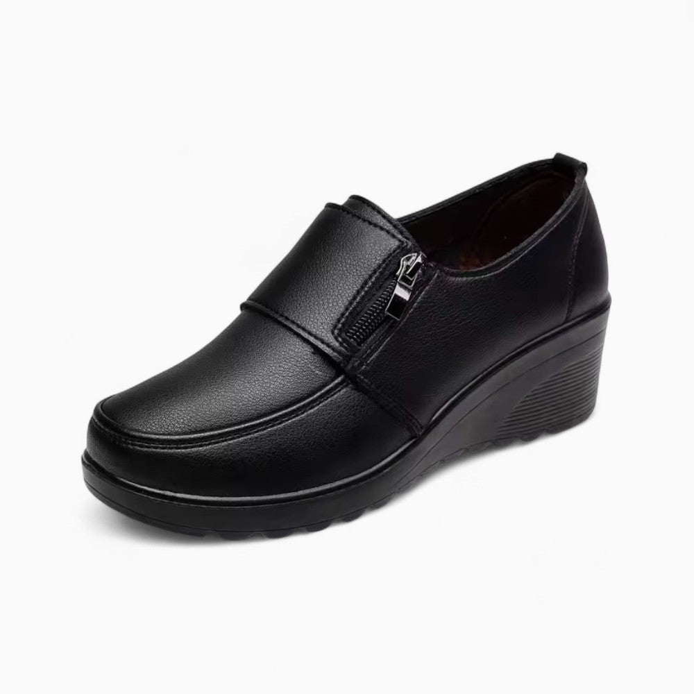 Women's Comfortable Black Leather Wedge Loafers