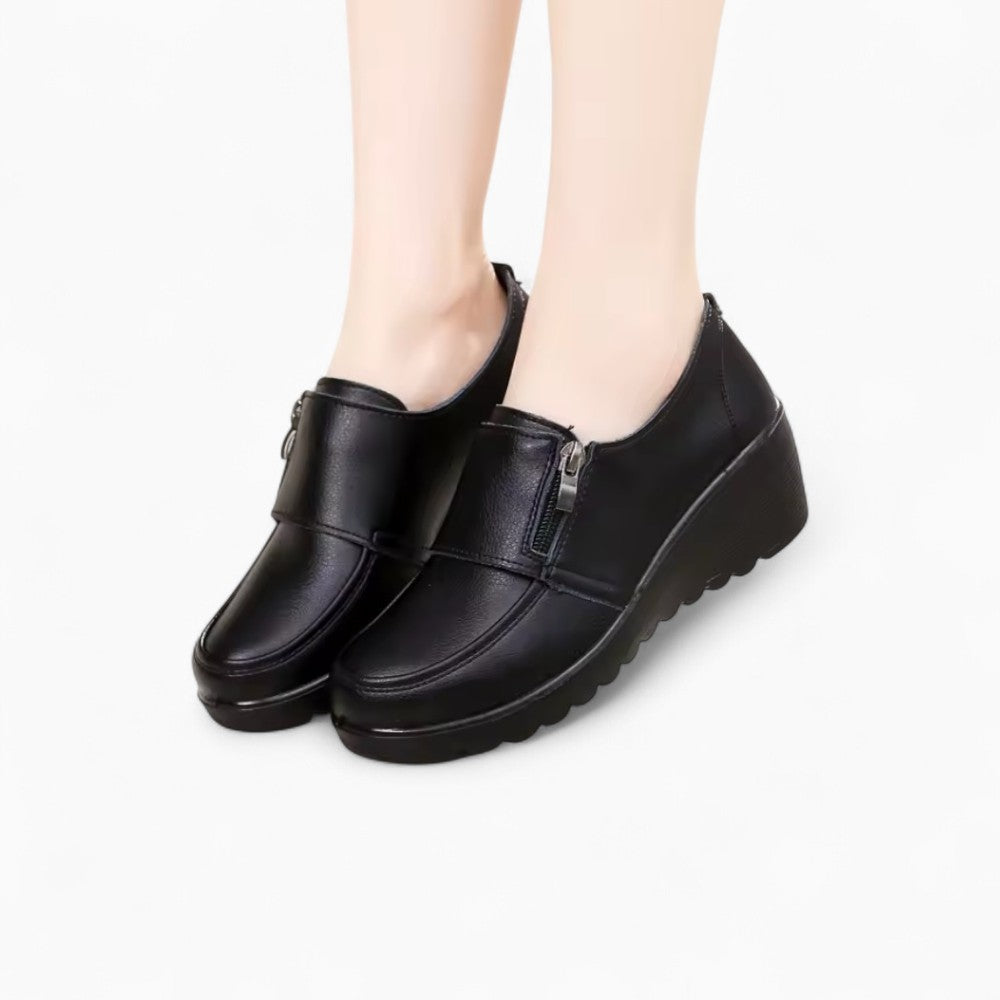 Women's Comfortable Black Leather Wedge Loafers