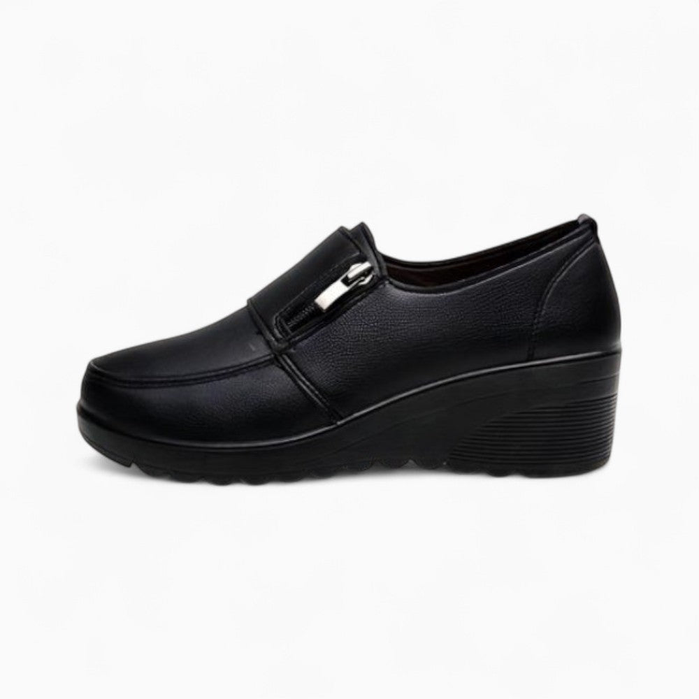 Women's Comfortable Black Leather Wedge Loafers