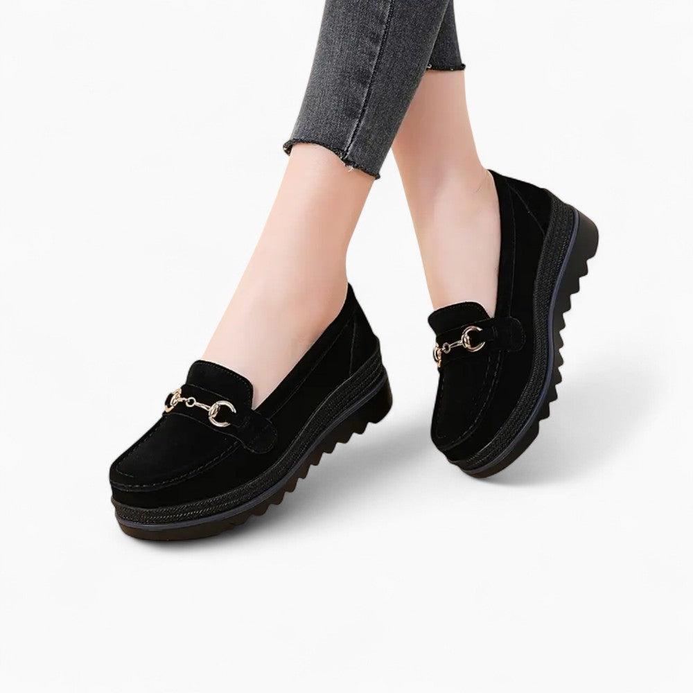 Women's Wedge Loafers with Golden Buckle Details