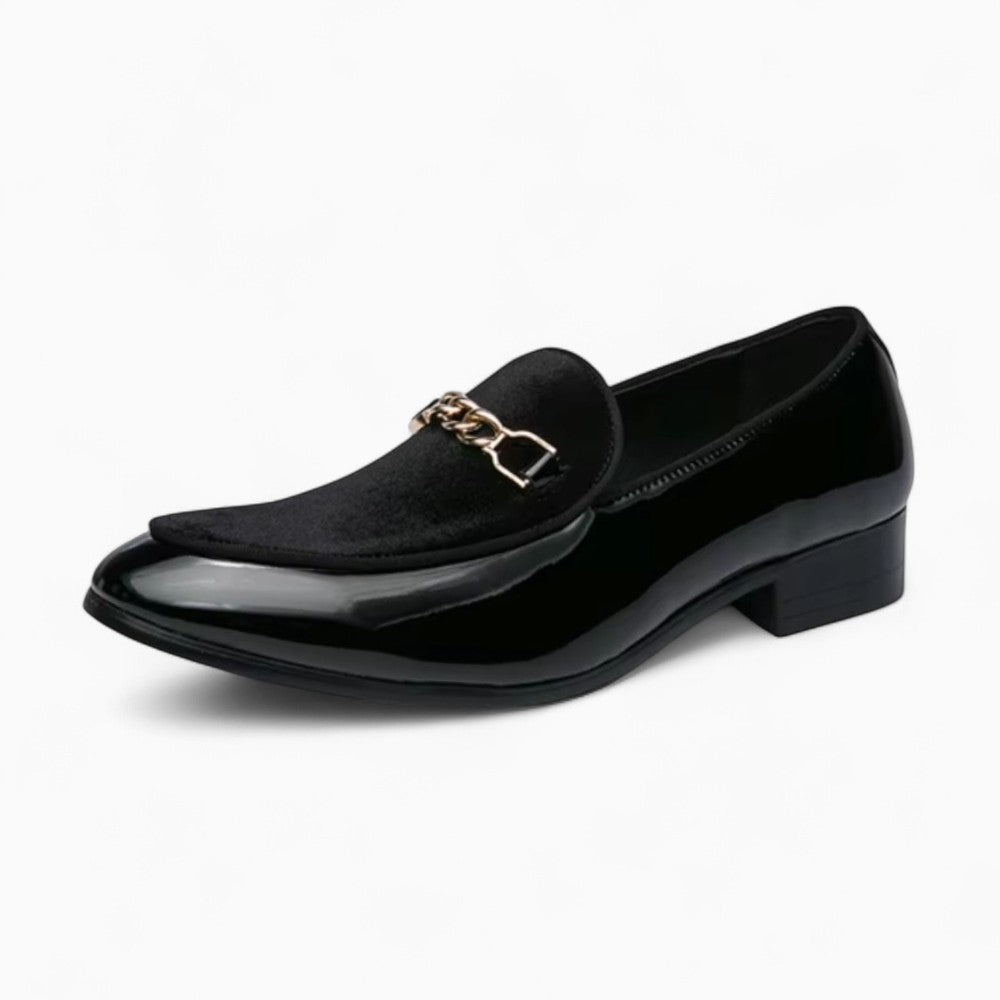 Women's Patent Leather Loafers with Pointed Toe and Chain
