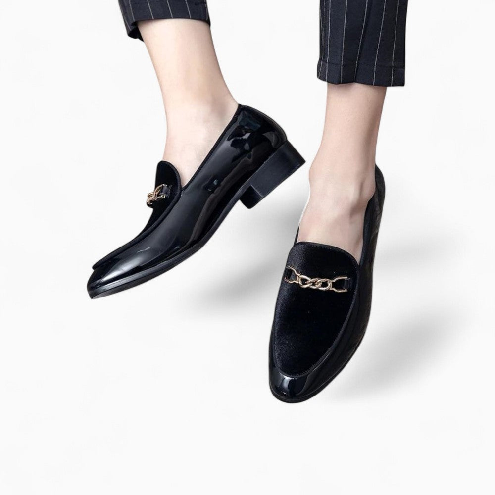 Women's Patent Leather Loafers with Pointed Toe and Chain
