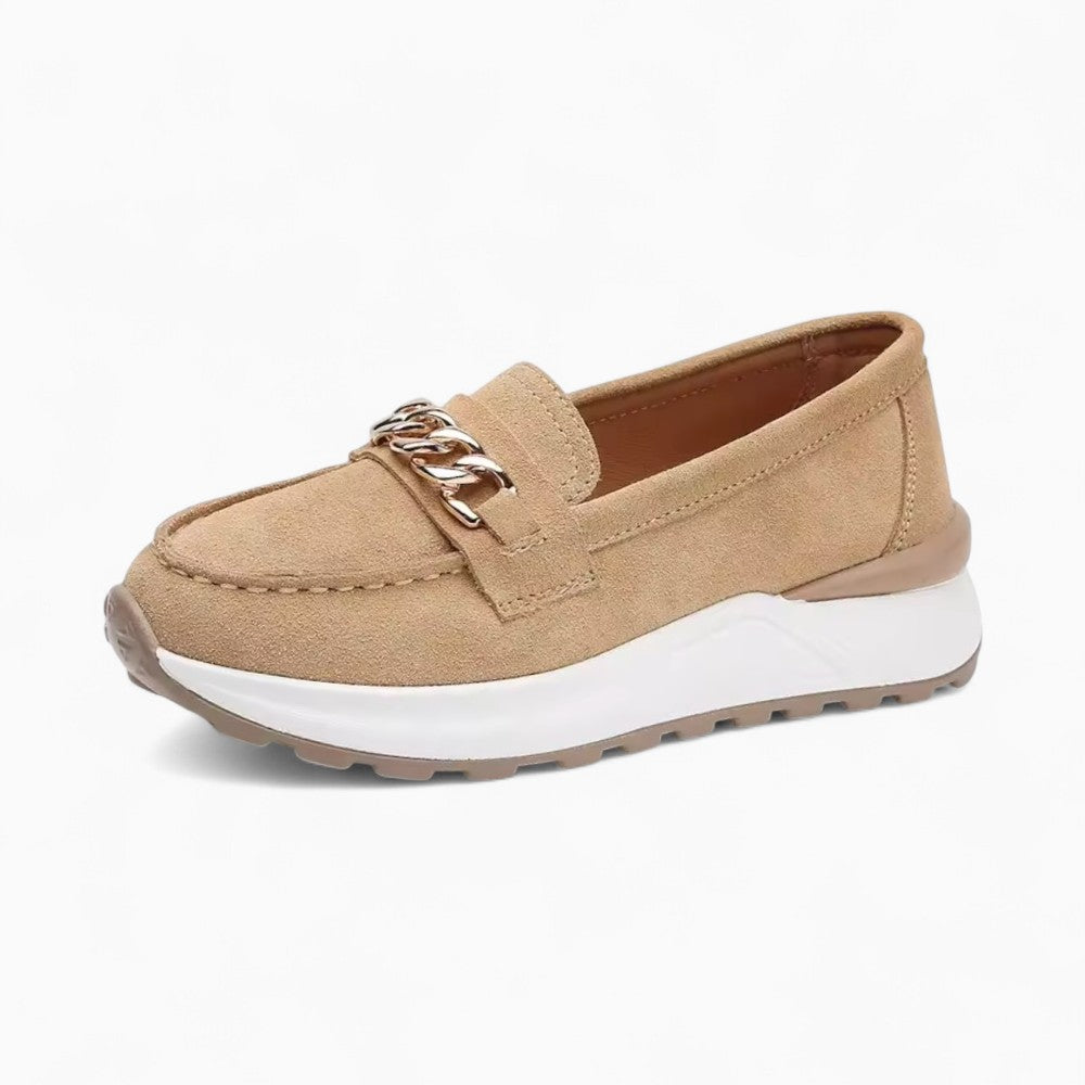 Suede Loafers with Gold Buckle and Thick Sole