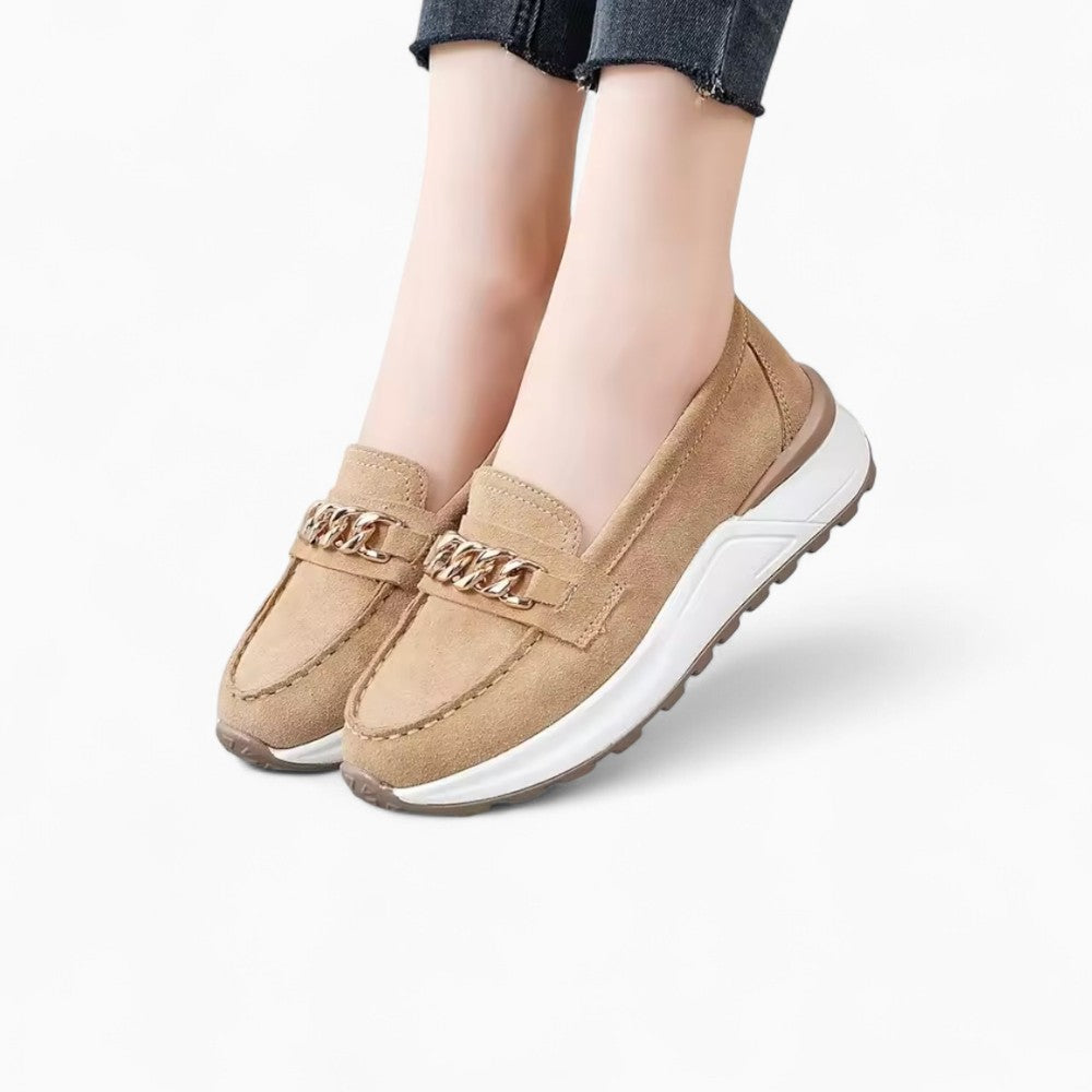 Suede Loafers with Gold Buckle and Thick Sole